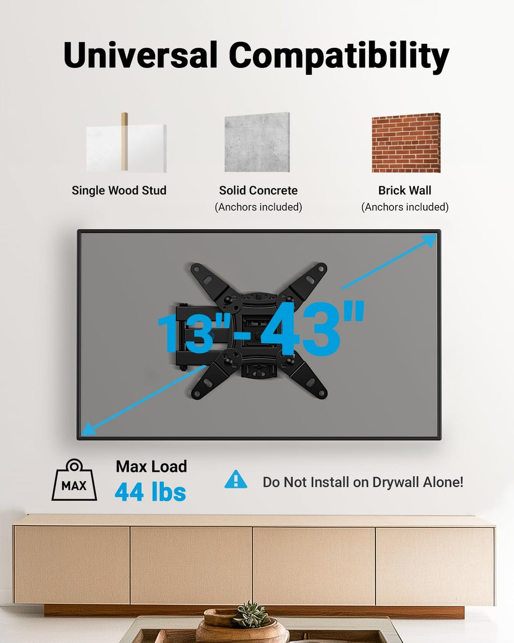 Pipishell Full Motion TV Wall Mount for Echo Show 21/15 and 13-43 Inch Flat Curv