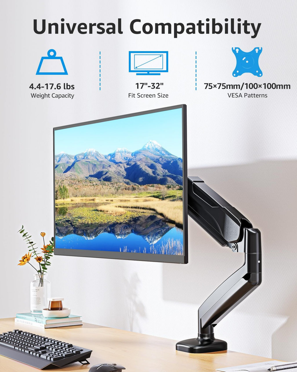 Single Monitor Desk Mount Arm for 17-32" Screens Holds 4.4-17.6 lbs VESA 75/100