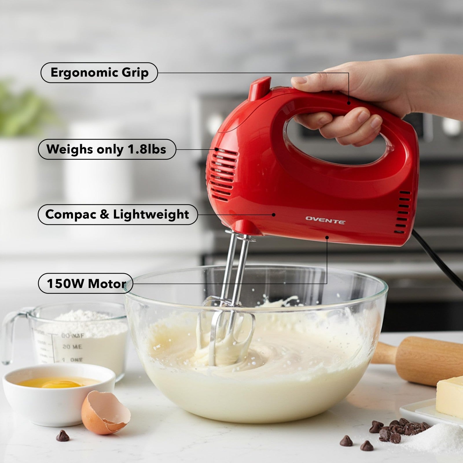 OVENTE 5-Speed Electric Hand Mixer 150W with Storage Case & Whisks Red