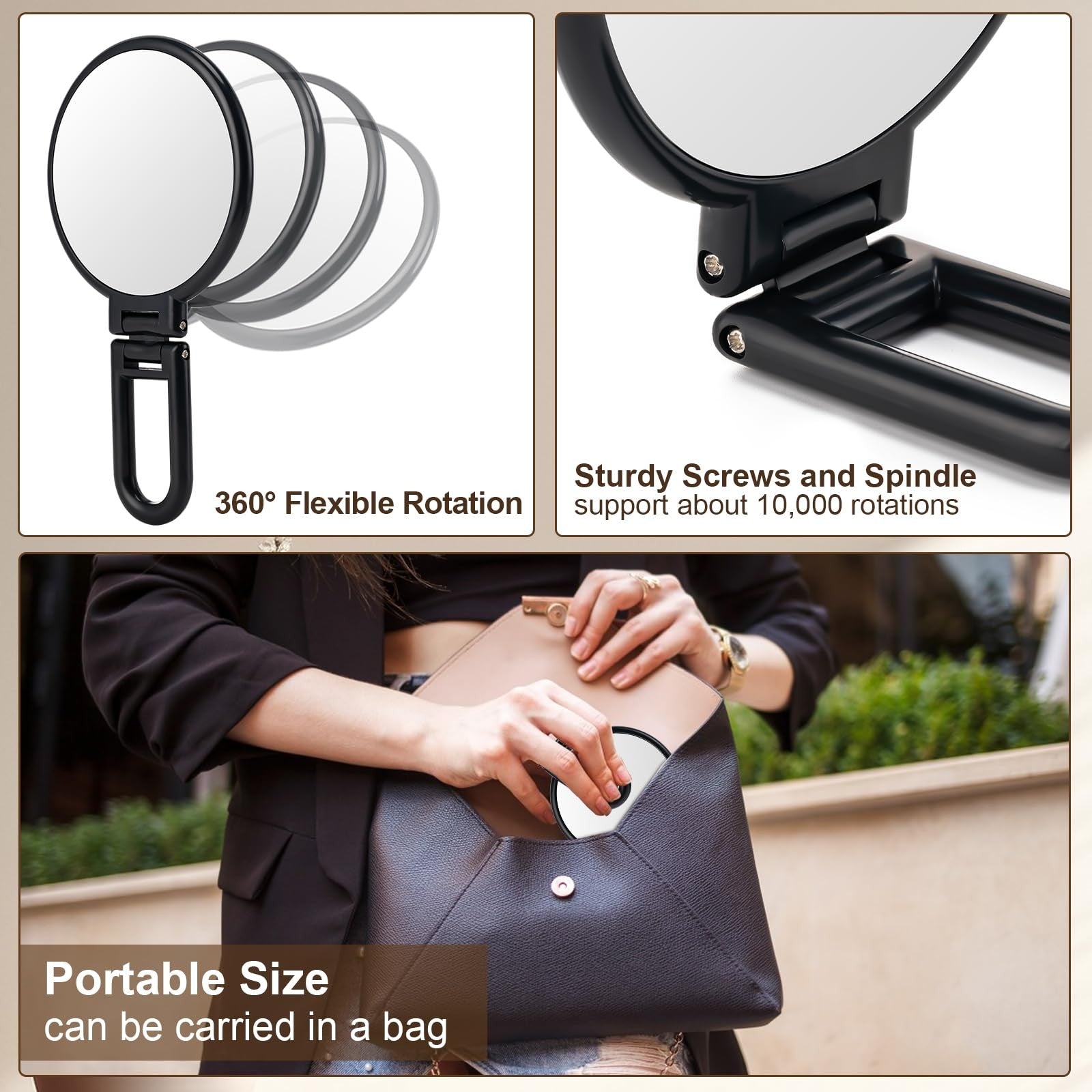 BOOMIBOO Handheld Magnifying Mirror 10X Foldable Travel Makeup Desk Vanity Black