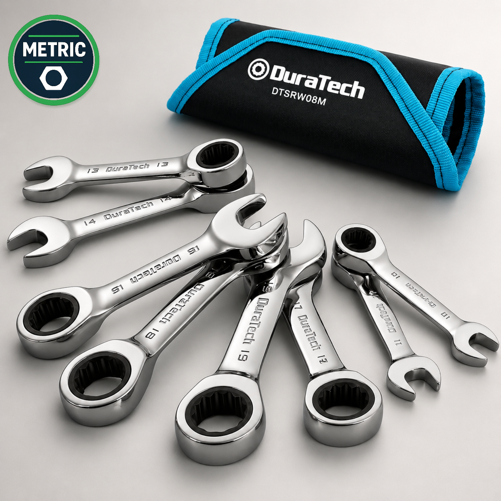 DURATECH 8-Pc Metric Stubby Ratcheting Wrench Set 10-19mm CR-V w/ Roll Pouch