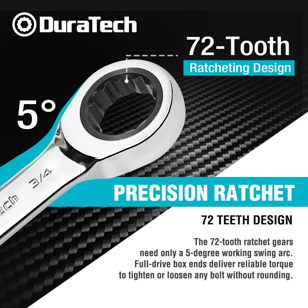DURATECH 8-Pc SAE Stubby Ratcheting Wrench Set 5/16"-3/4" CR-V w/ Roll Pouch