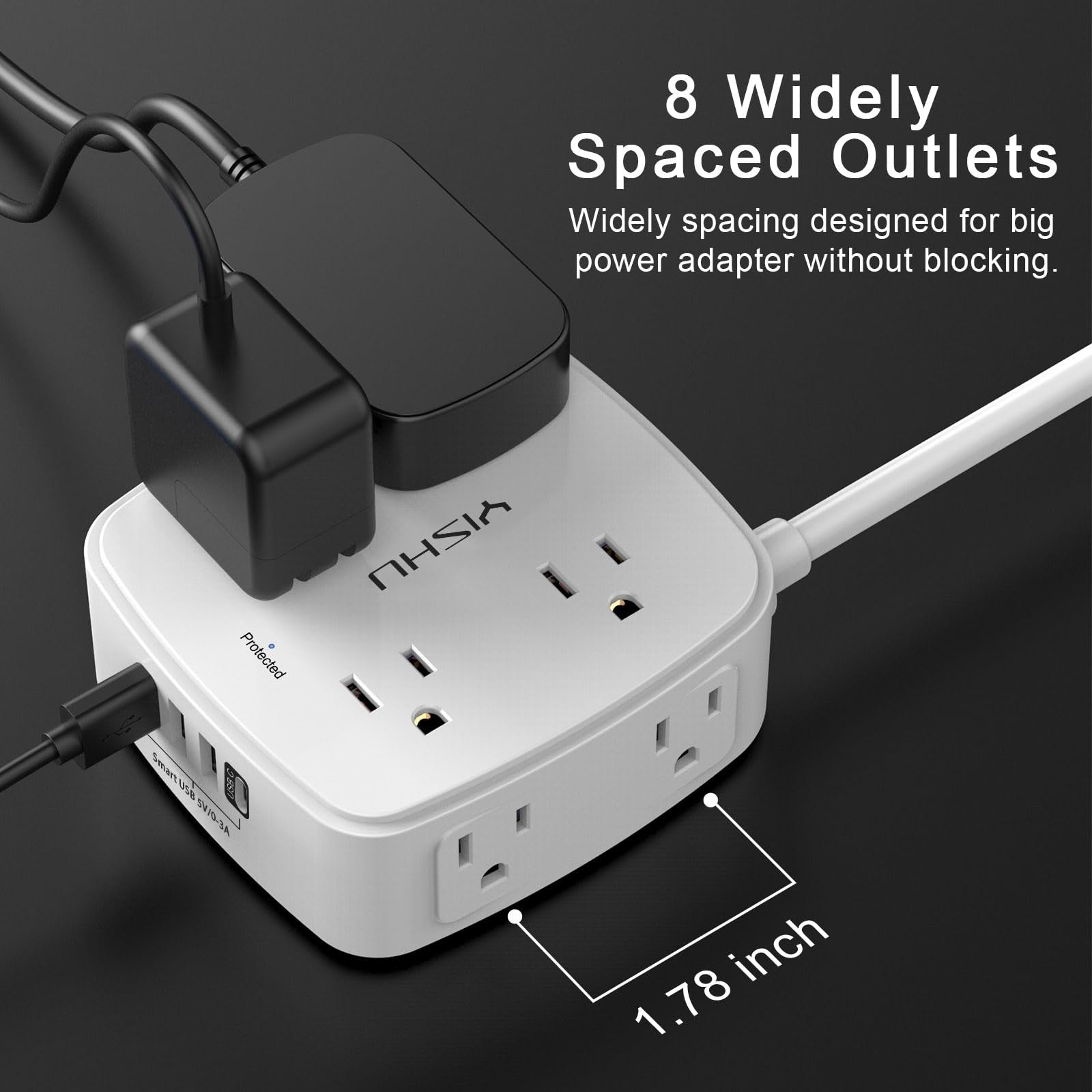 6 Ft Surge Protector Power Strip - 8 Widely Outlets with 4 USB Ports, 3 Side Out