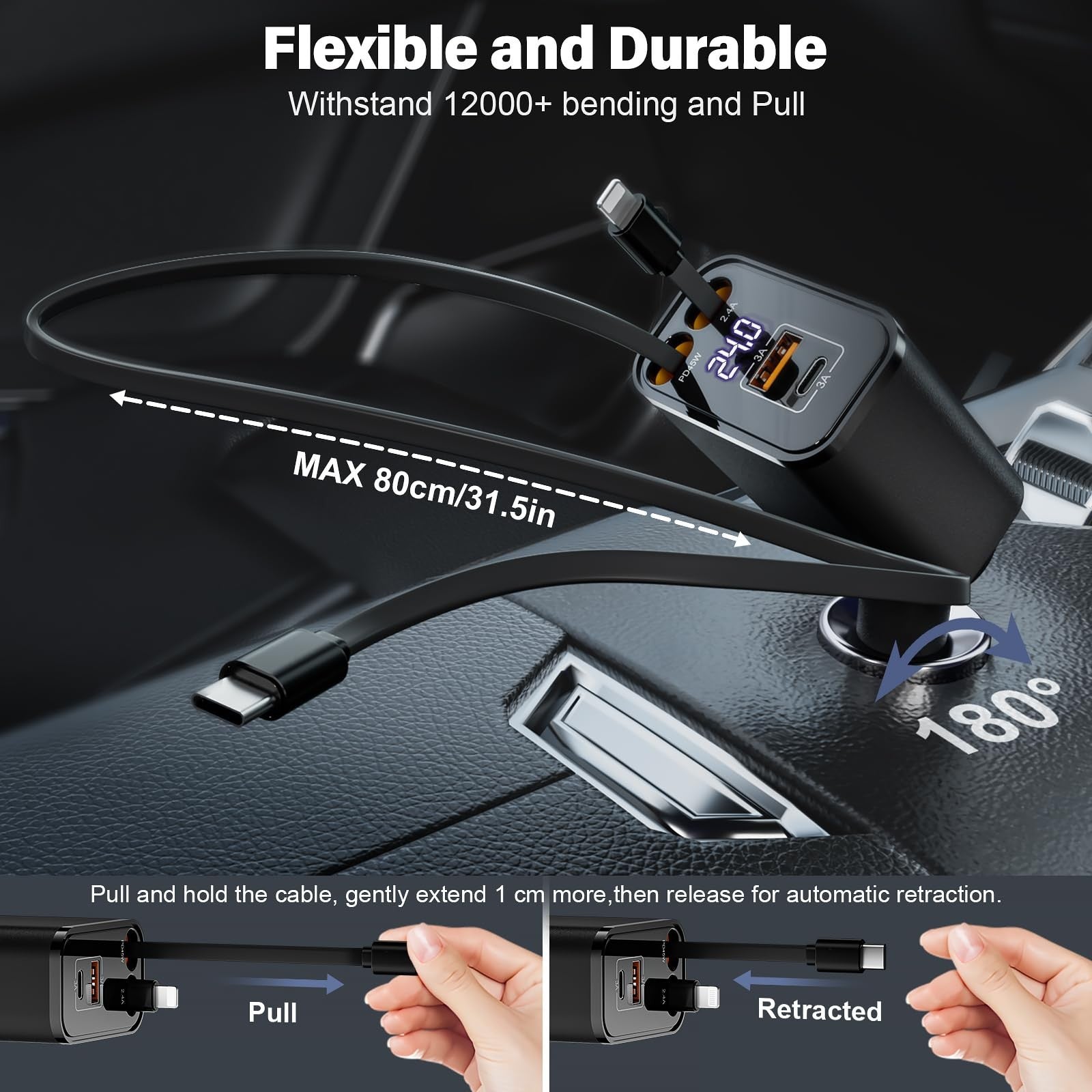TWYAJYJ Retractable Car Charger USB C 4 in 1 87W Cigarette Lighter Car Phone