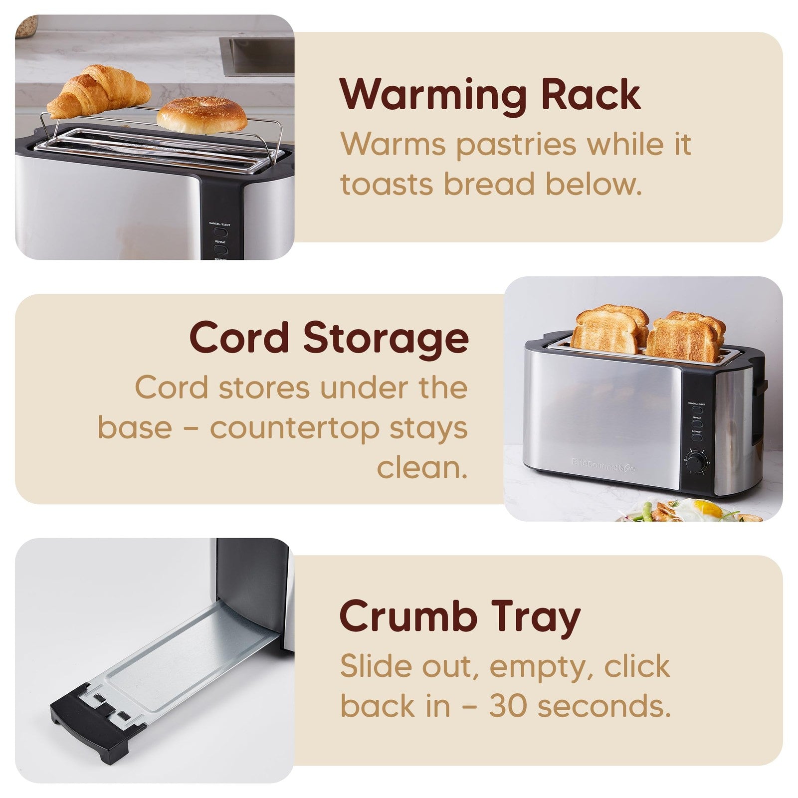 Elite Gourmet 4 Slice Long Slot Toaster Wide Slots Warming Rack Extra wide