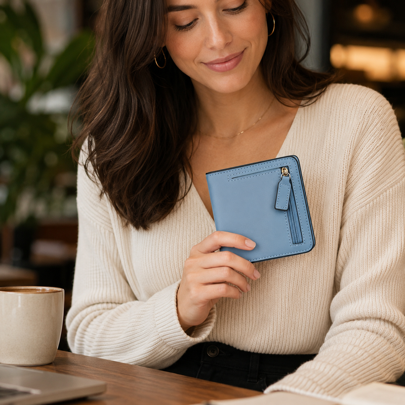 Toughergun Slim RFID Leather Wallet for Women Compact Bifold ID Coin Zip