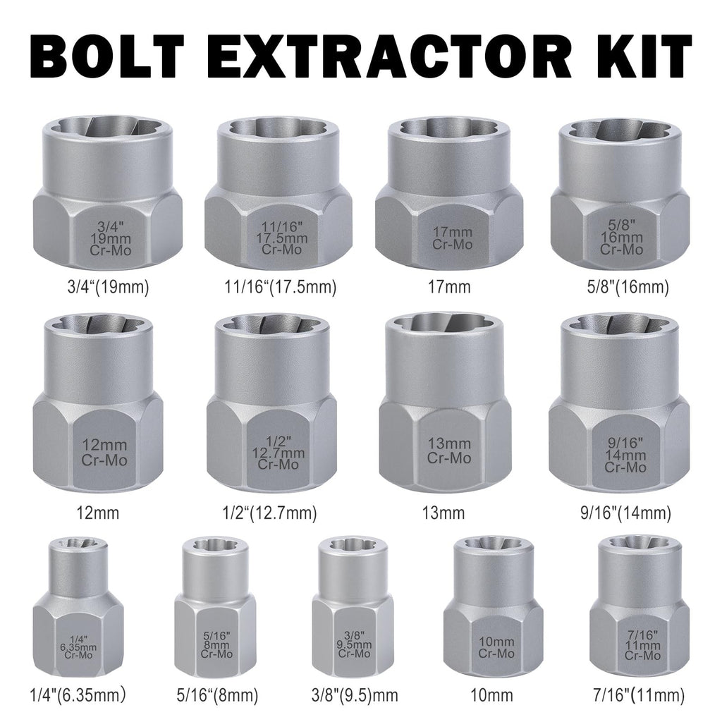 Bolt Extractor Set 14Pc Stripped Bolt Remover Socket Kit for Damaged Nuts