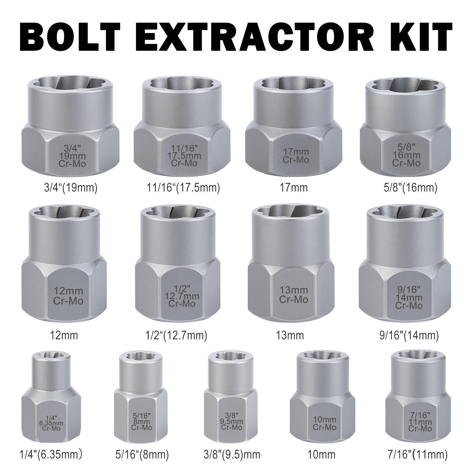 Bolt Extractor Set 14Pc Stripped Bolt Remover Socket Kit for Damaged Nuts