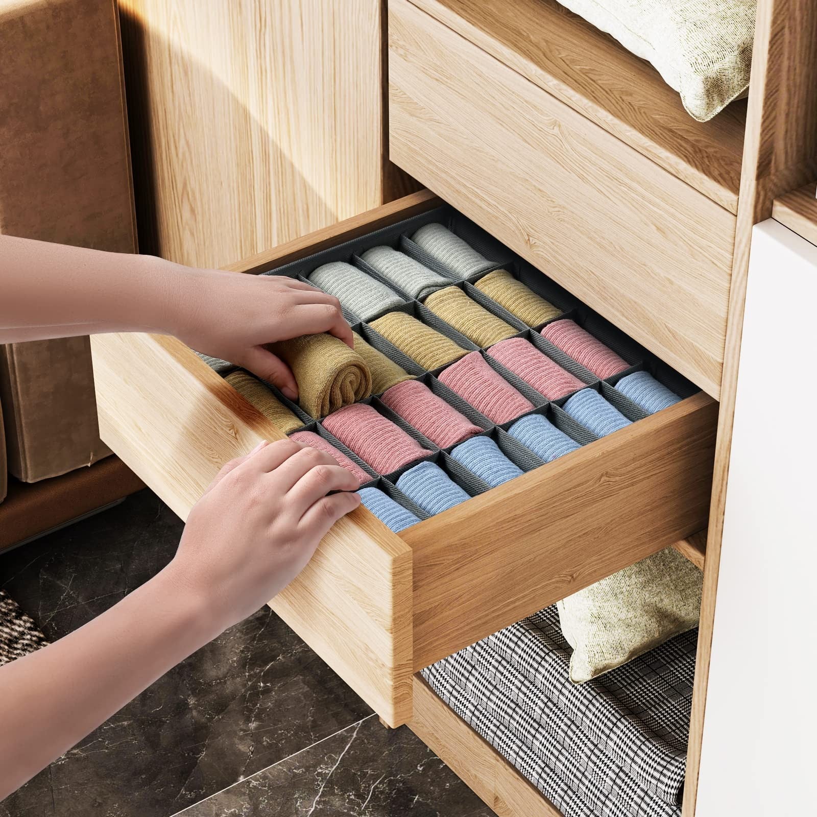 2 Pack Sock Drawer Organizer 24 Cells Each Underwear Closet Divider Gray