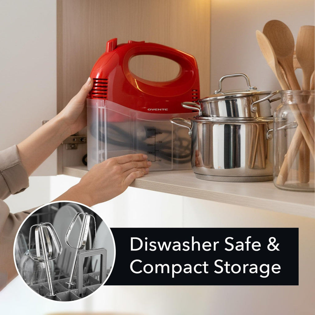 OVENTE 5-Speed Electric Hand Mixer 150W with Storage Case & Whisks Red