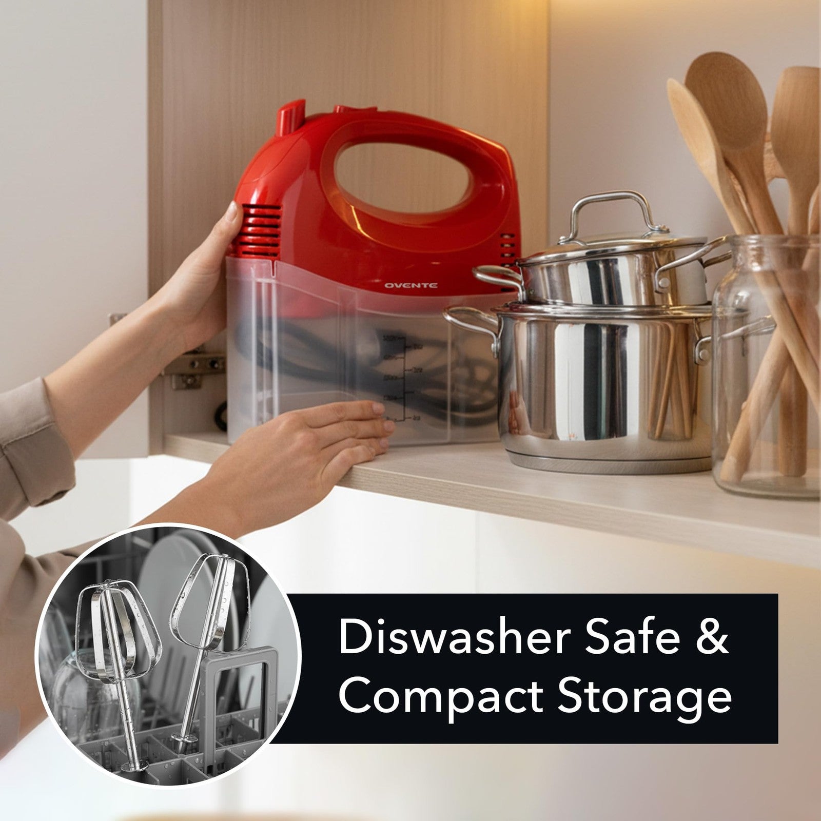 OVENTE 5-Speed Electric Hand Mixer 150W with Storage Case & Whisks Red