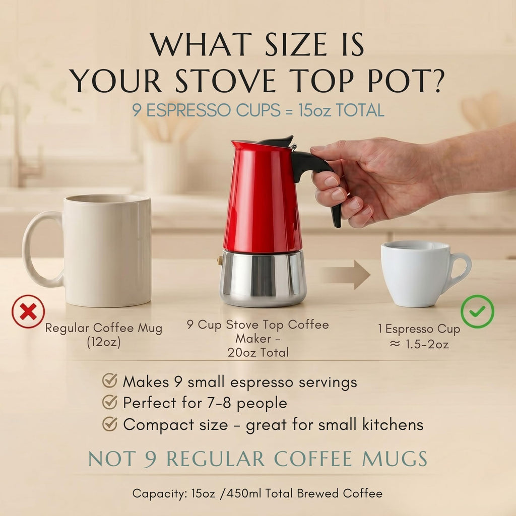 Mixpresso Red 9 Cup Greca Stovetop Espresso Pot 450Ml/15Oz, Moka Pot with Coffee