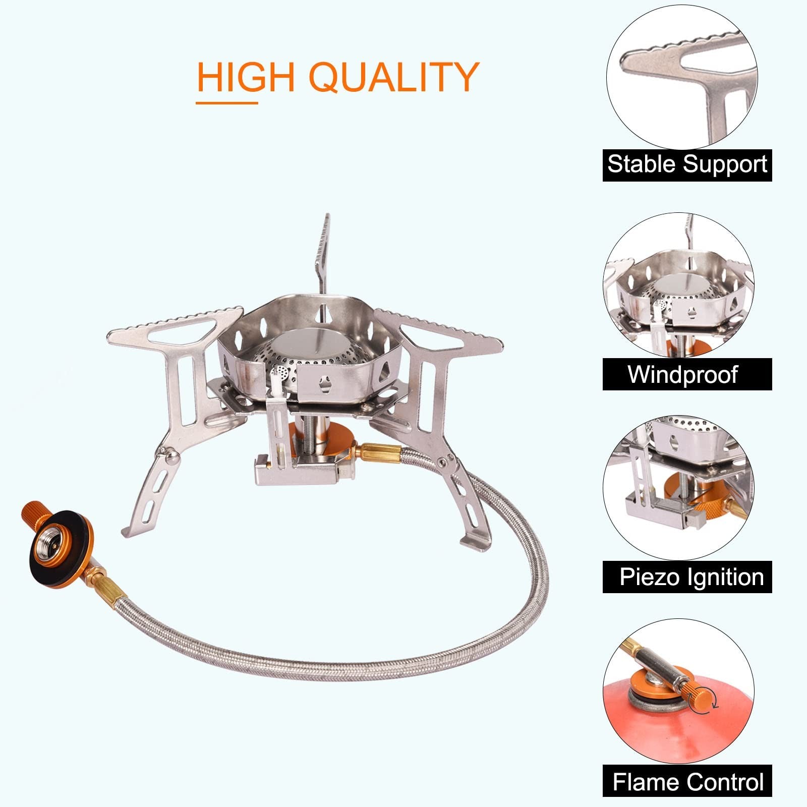 Portable Camping Stove Windproof Piezo Ignition Burner w Adapter Hiking