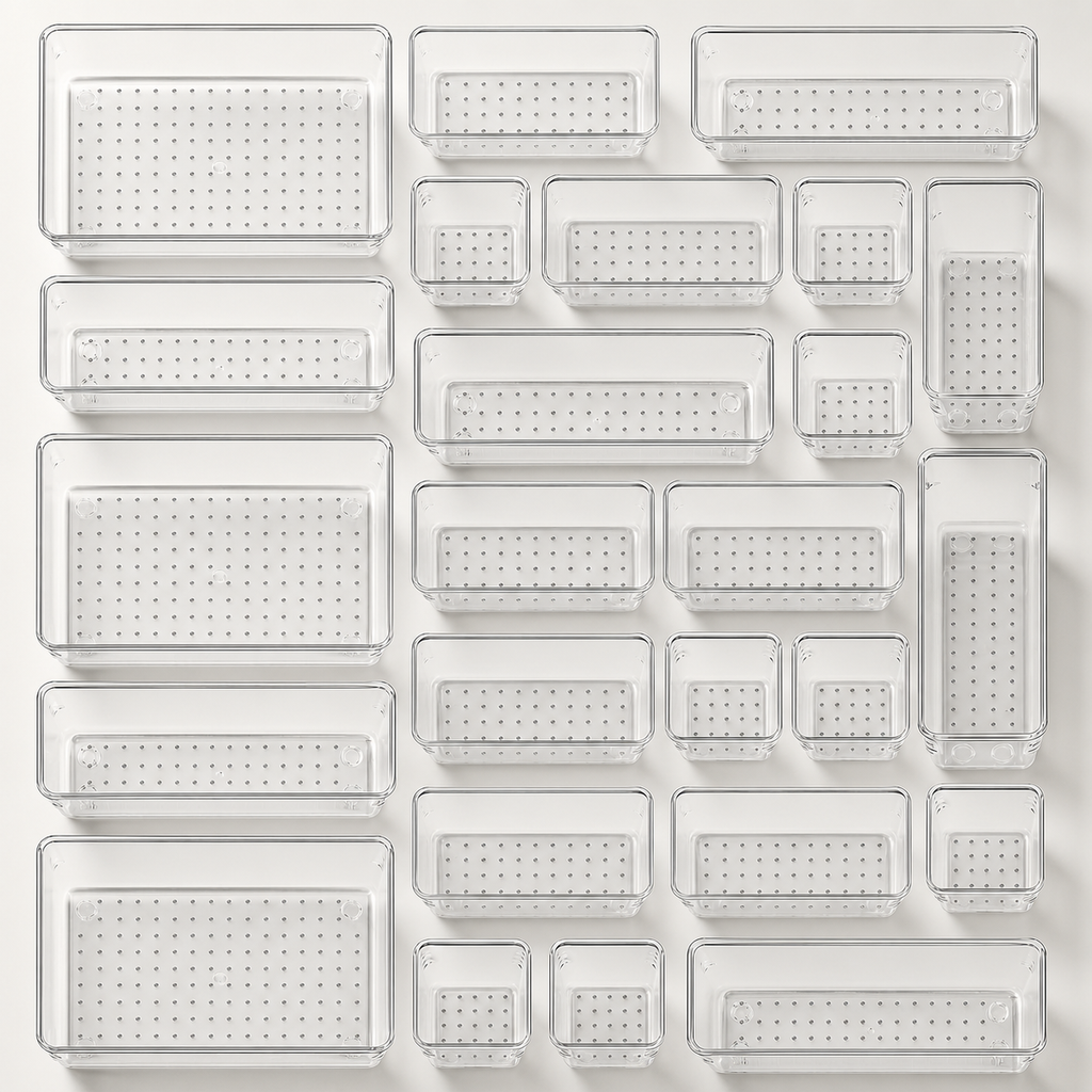 25 Pc Clear Drawer Organizer Trays 4 Sizes + 100 Non-Slip Pads Vanity Kitchen