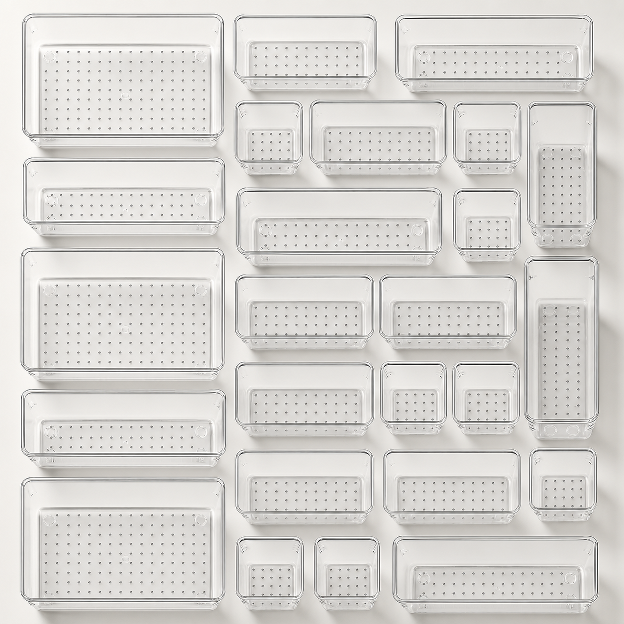 25 Pc Clear Drawer Organizer Trays 4 Sizes + 100 Non-Slip Pads Vanity Kitchen