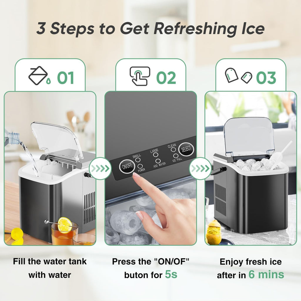Portable Countertop Ice Maker 26lbs Daily 9 Cubes in 6 Mins Self Clean