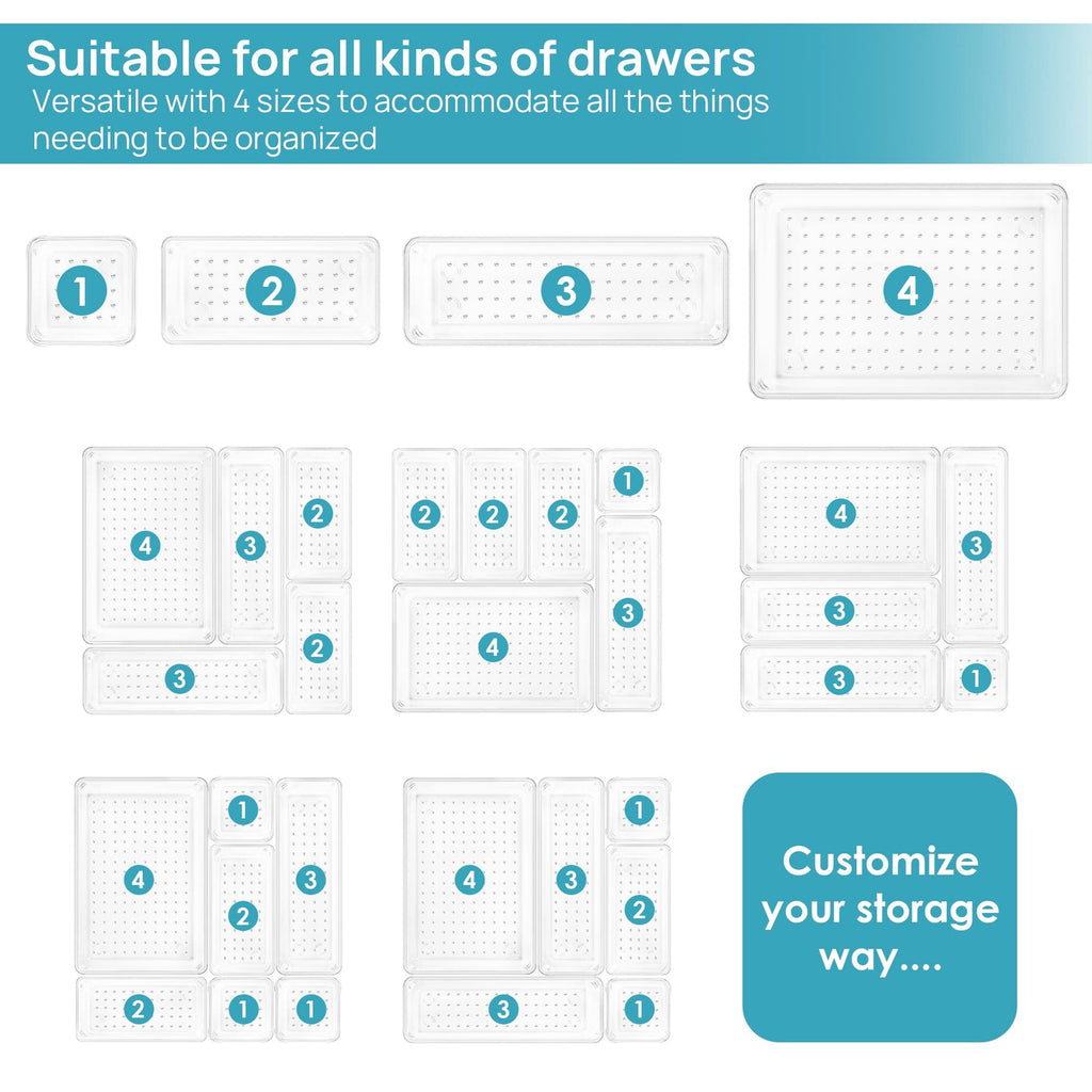 25 Pc Clear Drawer Organizer Trays 4 Sizes + 100 Non-Slip Pads Vanity Kitchen