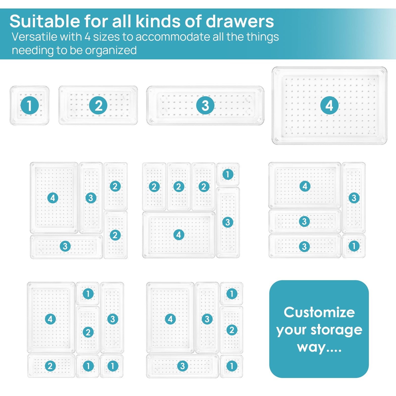 25 Pc Clear Drawer Organizer Trays 4 Sizes + 100 Non-Slip Pads Vanity Kitchen