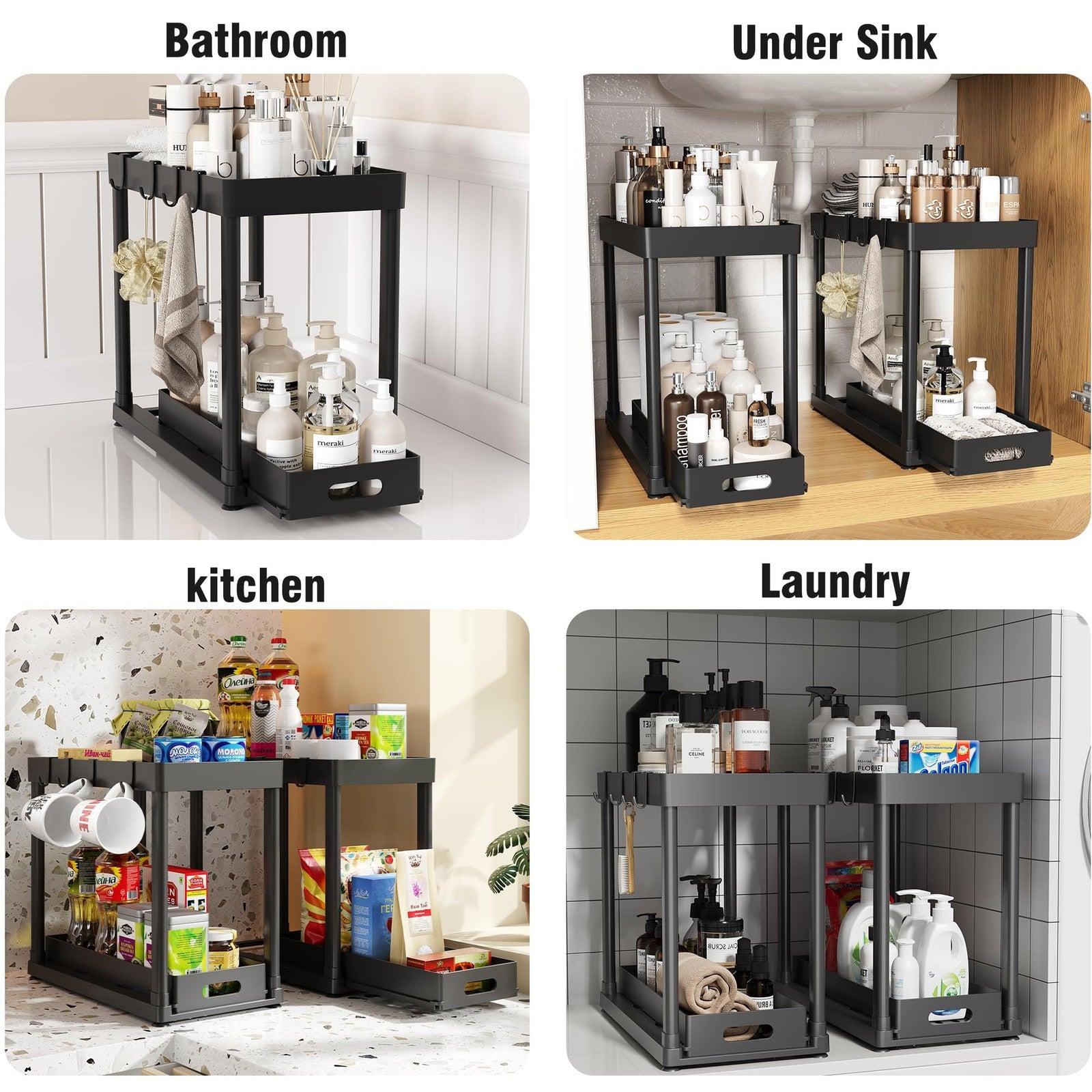 2 Pack Pull-Out Storage Organizers Under Sink Organizer and Storage for Bathroom
