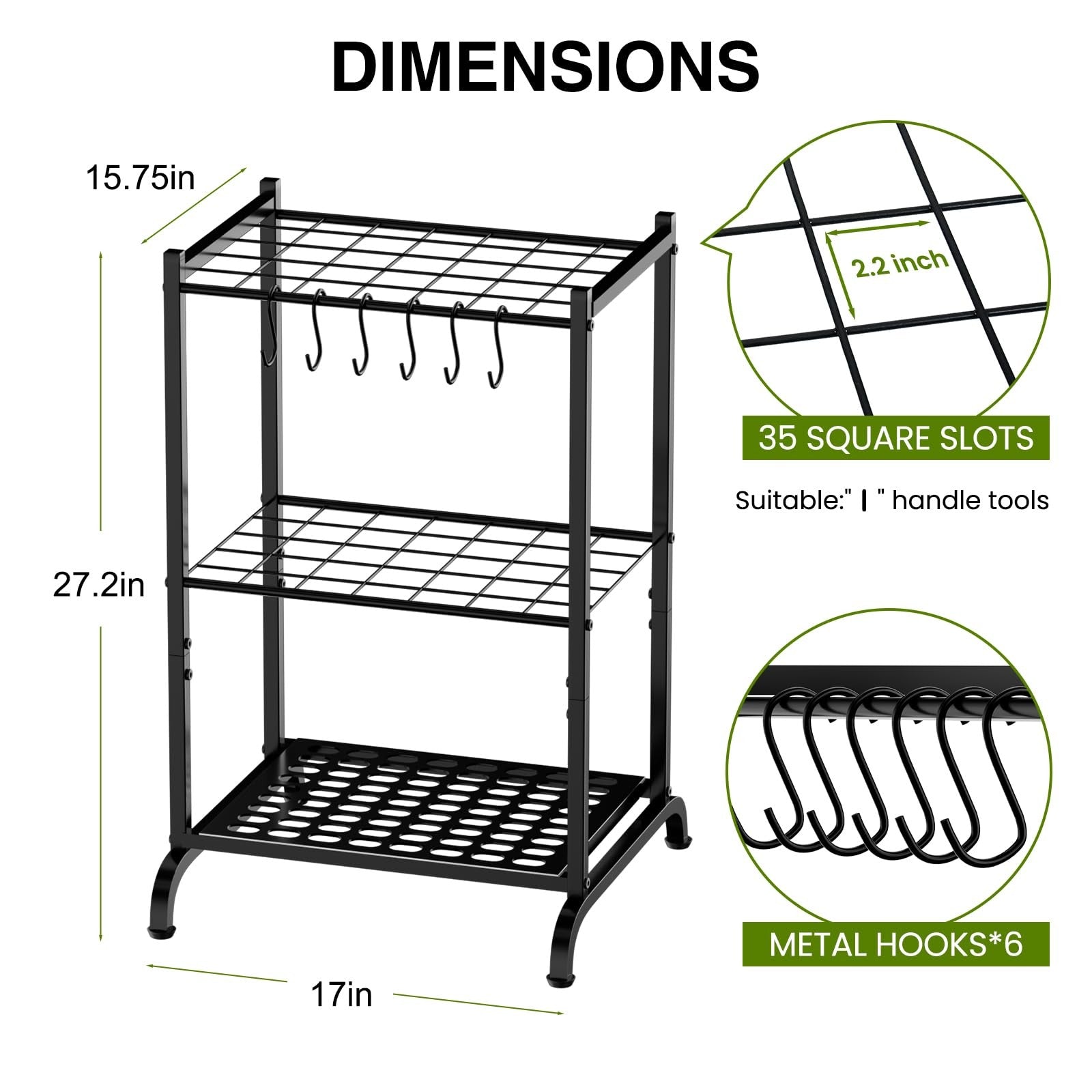 Garden Tool Storage Rack Holds 35 Yard Tools Metal Organizer w Hooks