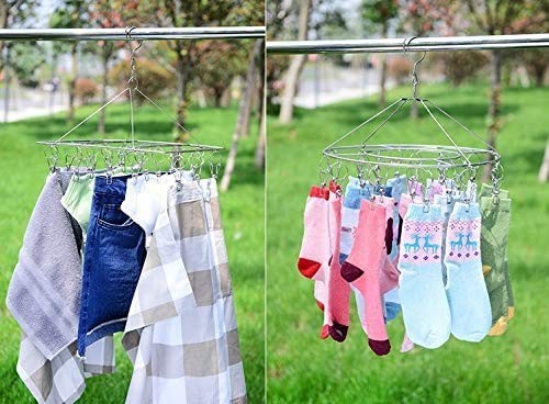 Stainless Steel Sock Drying Rack with 36 Clips, Swivel Hook Wind-Proof - Hanger