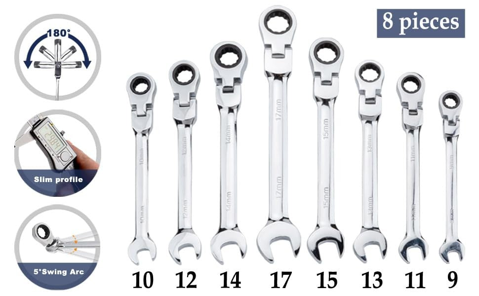 Metric Flex Head Ratcheting Wrench Set 8-Pc 9-17mm 72-Tooth CR-V