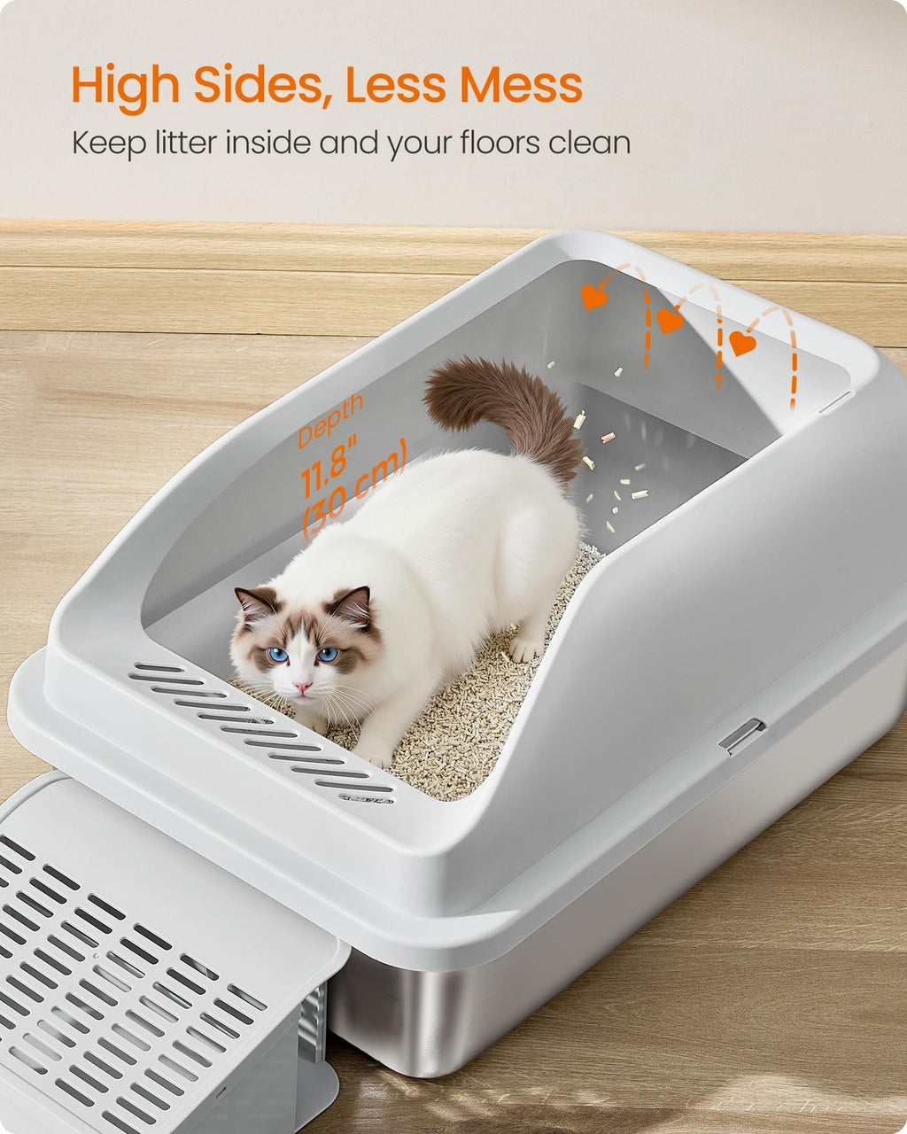 Feandrea Stainless Steel Cat Litter Box with Open Top, High Sided Litter Tray