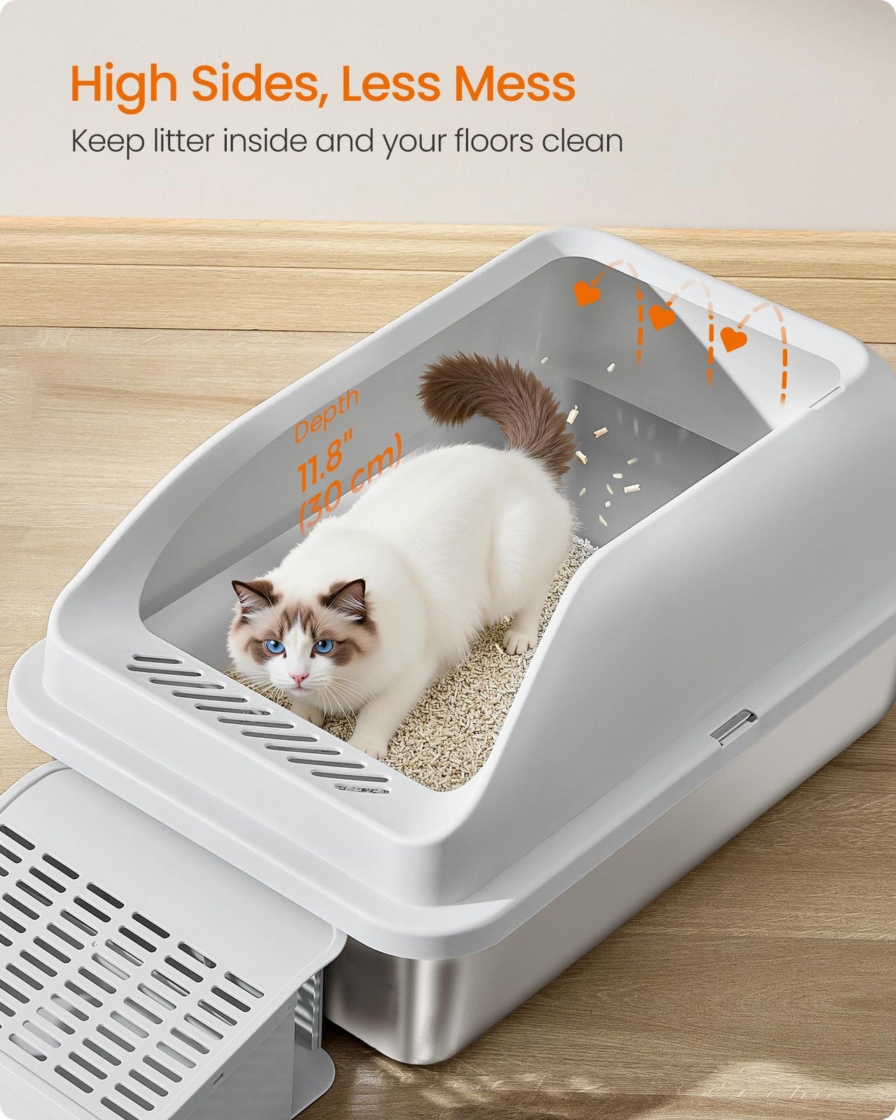 Feandrea Stainless Steel Cat Litter Box with Open Top, High Sided Litter Tray