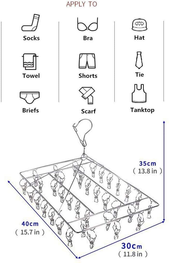 Stainless Steel Sock Drying Rack with 36 Clips, Swivel Hook Wind-Proof - Hanger