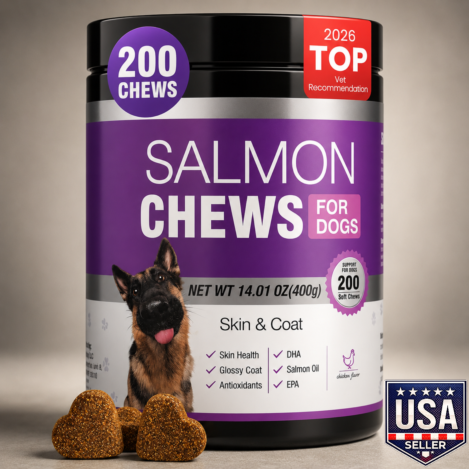 Omega 3 Dog Skin & Coat Chews 200ct Fish Oil Supplement Itch Shedding Relief