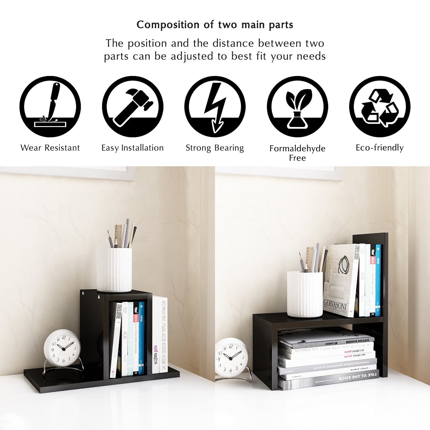 Adjustable Desktop Bookshelf Organizer MDF Desk Storage Shelf Black 24-60in