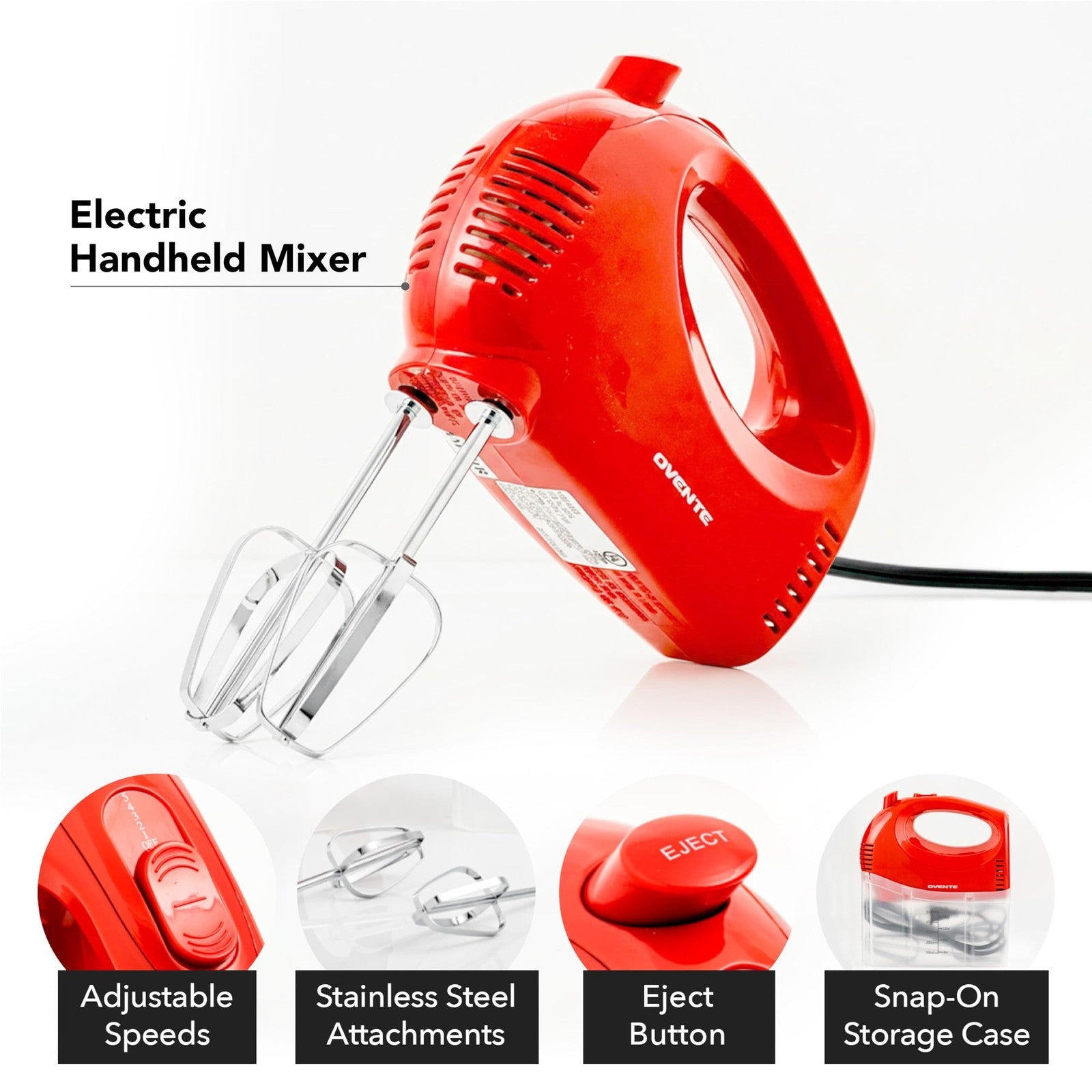 OVENTE 5-Speed Electric Hand Mixer 150W with Storage Case & Whisks Red