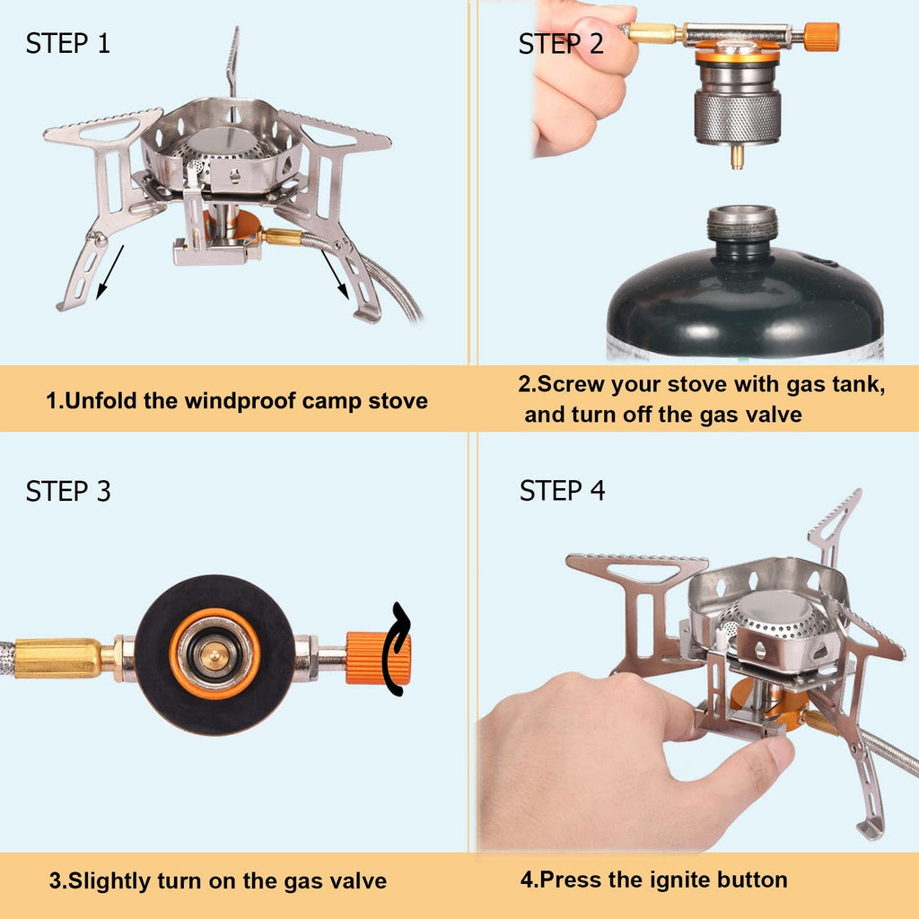 Portable Camping Stove Windproof Piezo Ignition Burner w Adapter Hiking