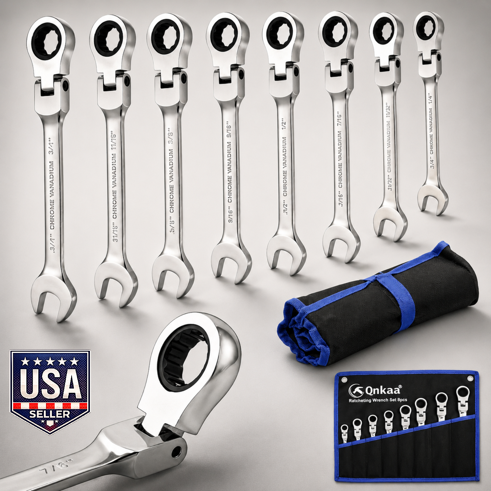 SAE Flex Head Ratcheting Wrench Set 8-Pc 5/16"-3/4" 72-Tooth CR-V