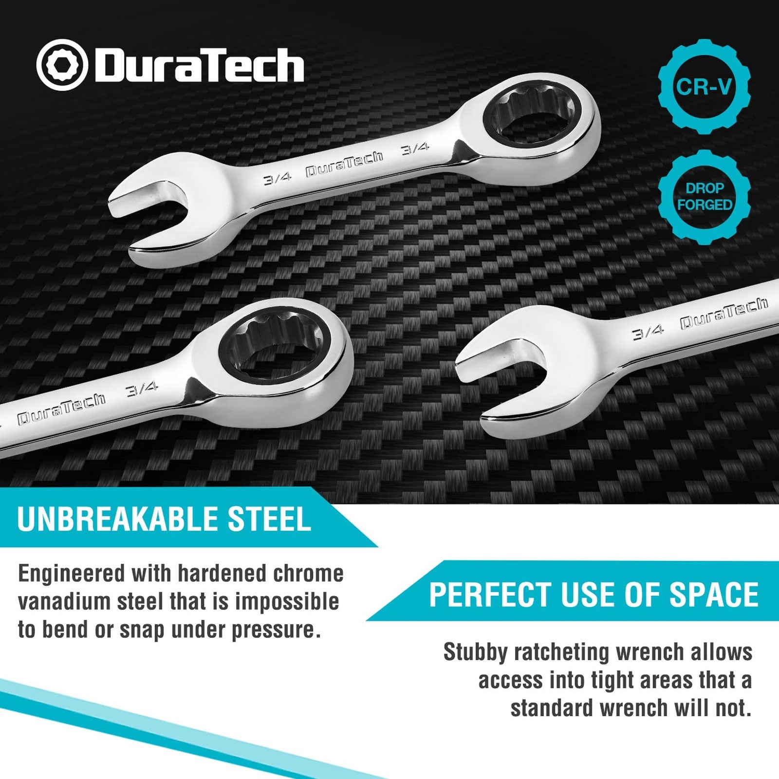 DURATECH 8-Pc SAE Stubby Ratcheting Wrench Set 5/16"-3/4" CR-V w/ Roll Pouch