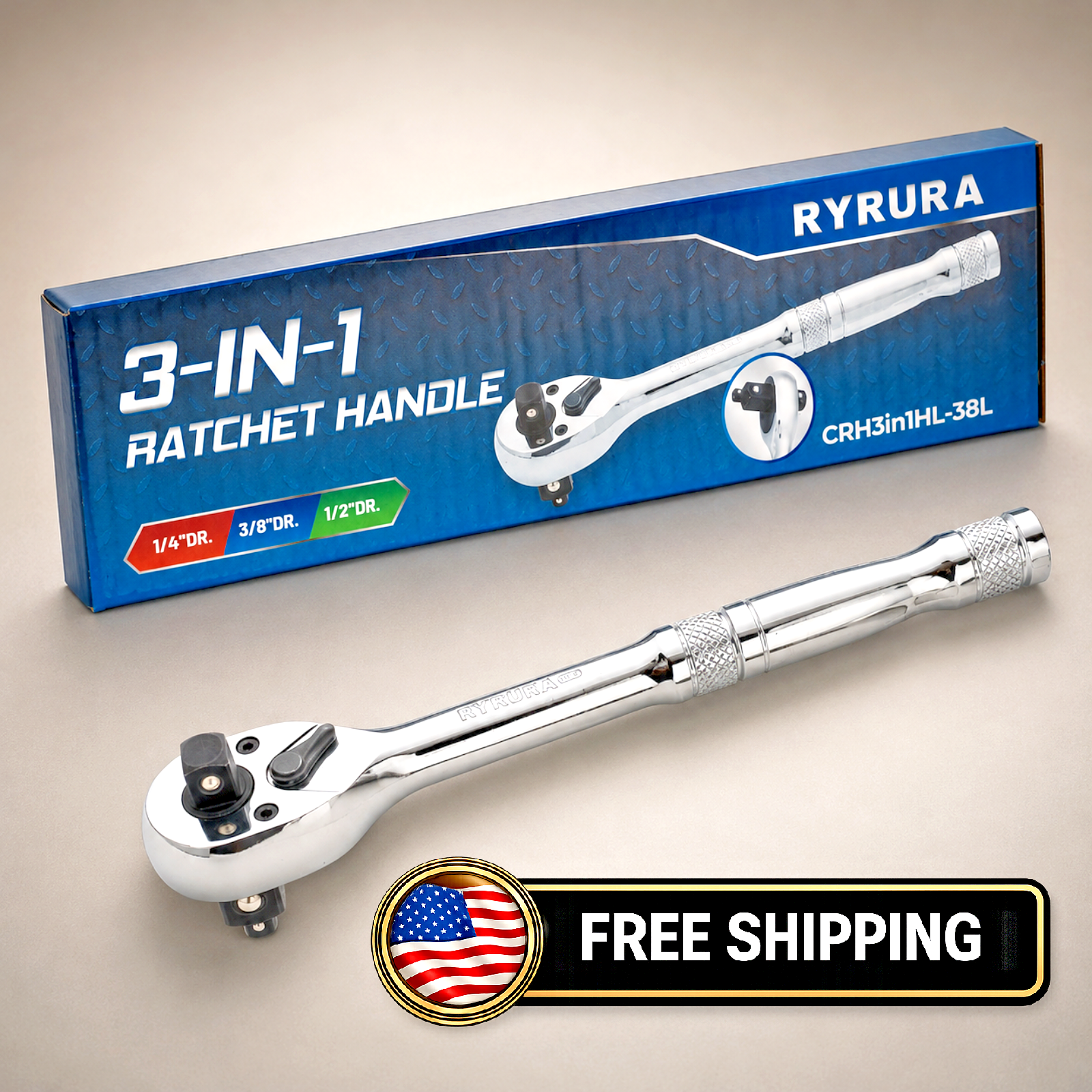 Ryrura 3-IN-1 Ratchet Handle,1/4",3/8",1/2 '' Drive- Wrench 72-Tooth Reversible