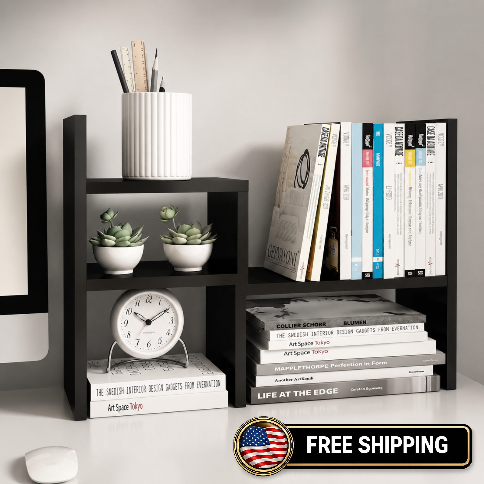 Adjustable Desktop Bookshelf Organizer MDF Desk Storage Shelf Black 24-60in