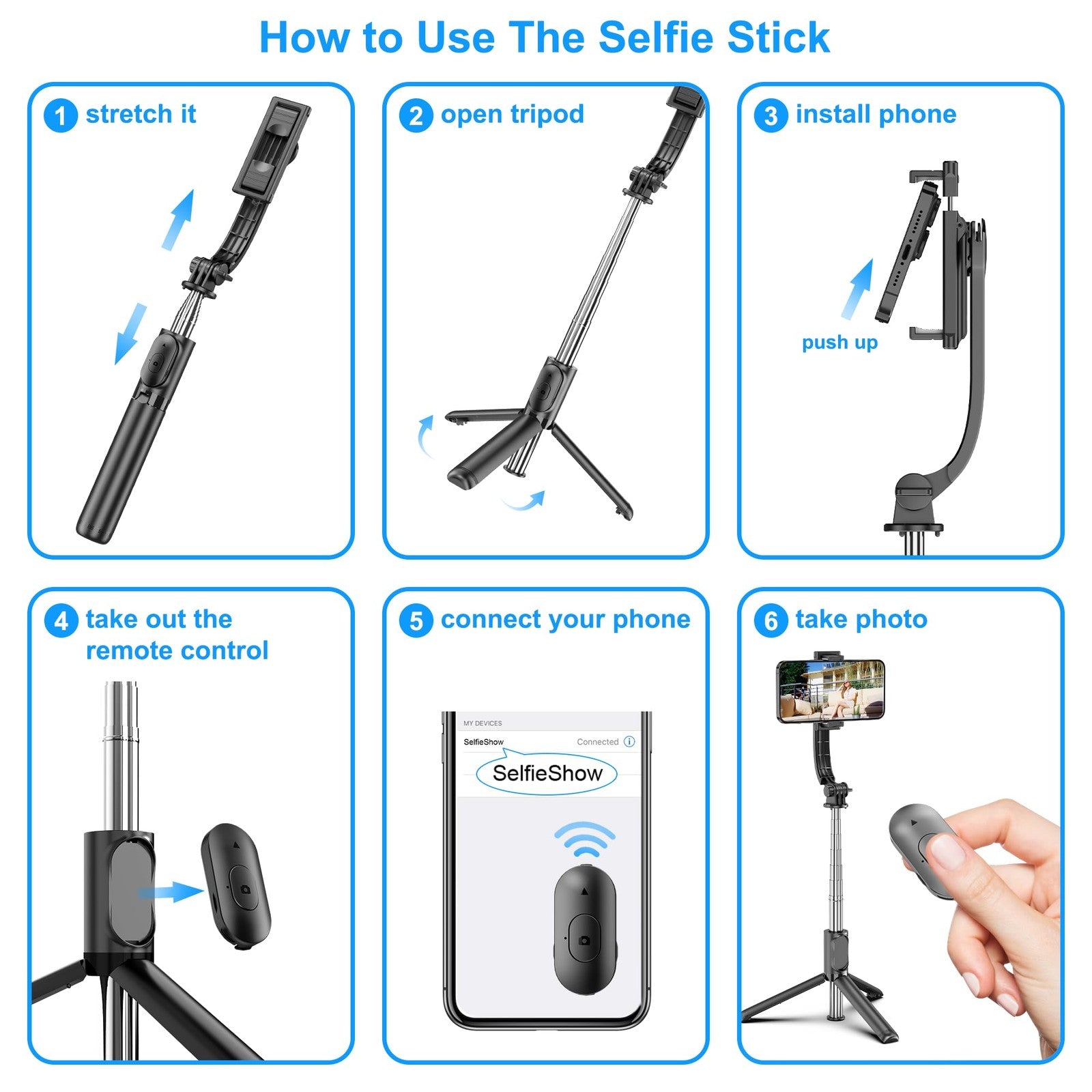 SelfieShow Selfie Stick, Extendable Selfie Stick Tripod with Wireless Remote