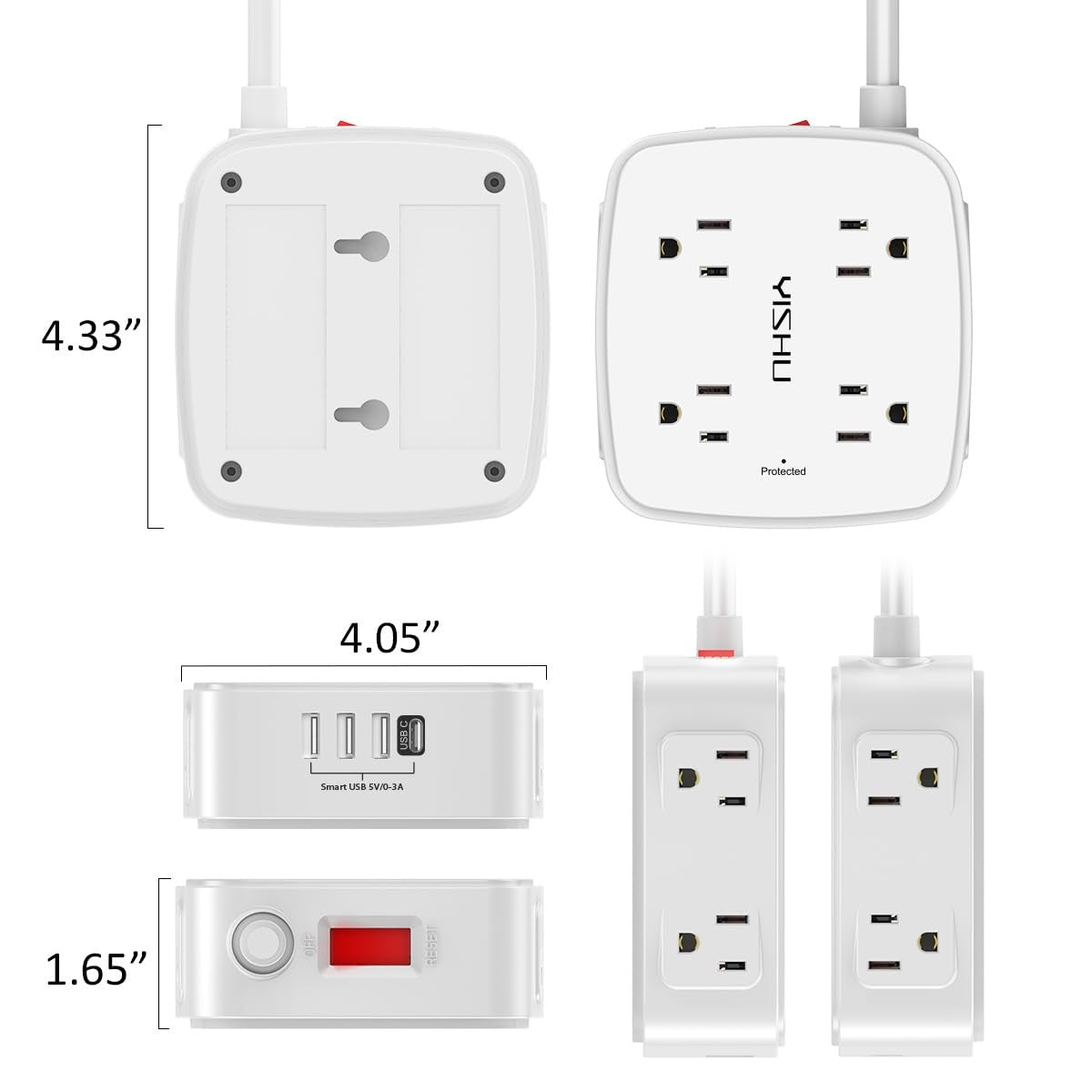 6 Ft Surge Protector Power Strip - 8 Widely Outlets with 4 USB Ports, 3 Side Out