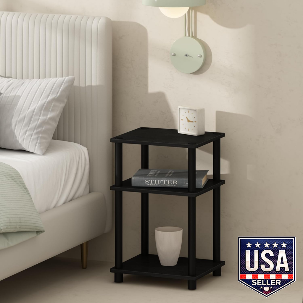 Furinno 3-Tier Nightstand Open Storage End Table Americano Black Plastic Poles