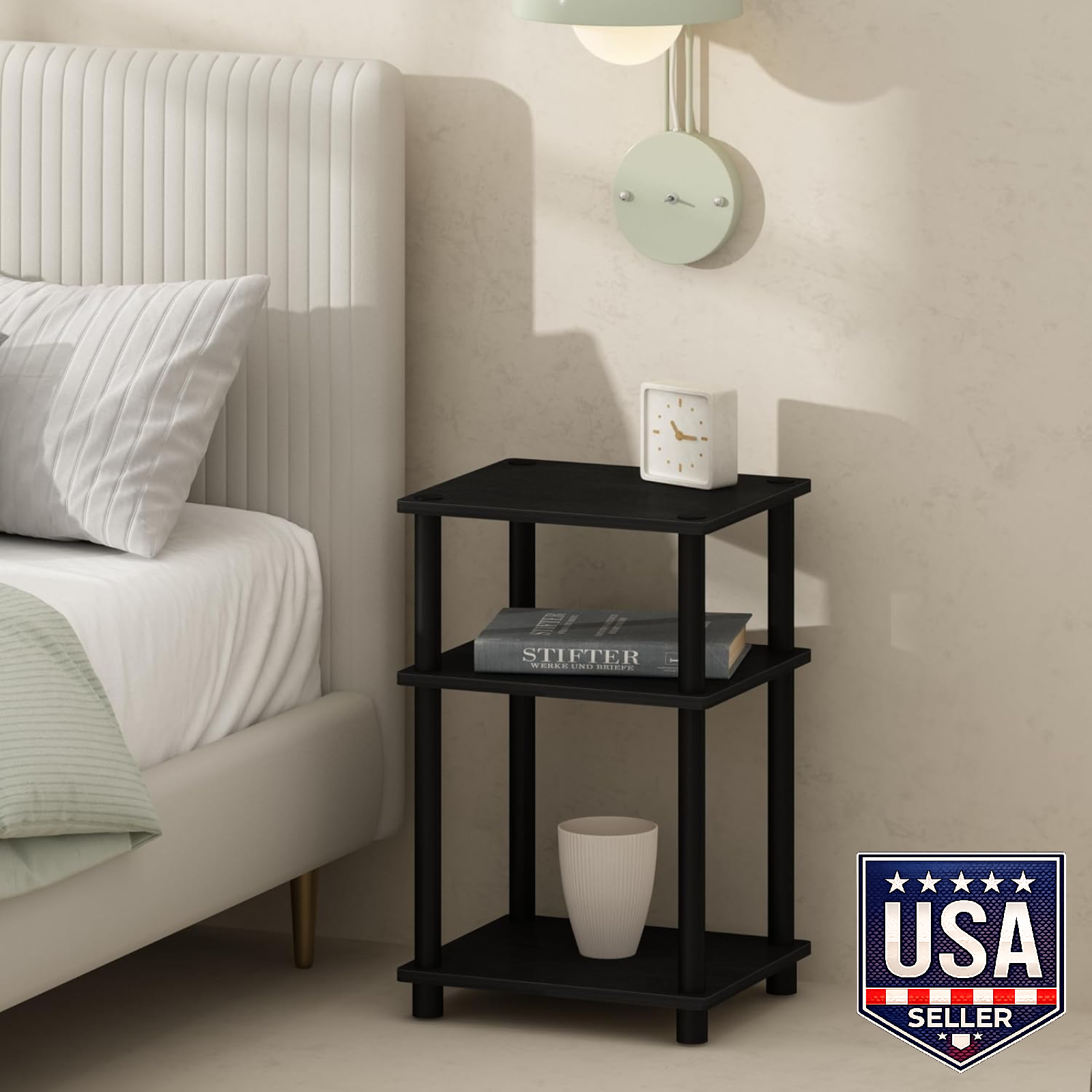 Furinno 3-Tier Nightstand Open Storage End Table Americano Black Plastic Poles