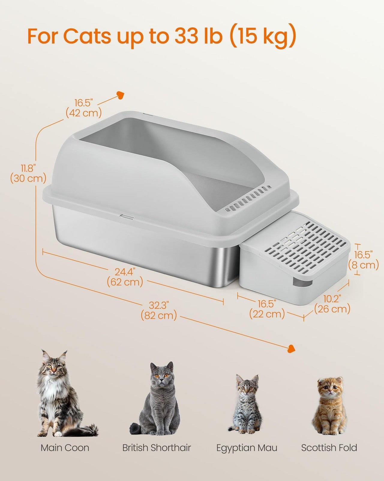 Feandrea Stainless Steel Cat Litter Box with Open Top, High Sided Litter Tray