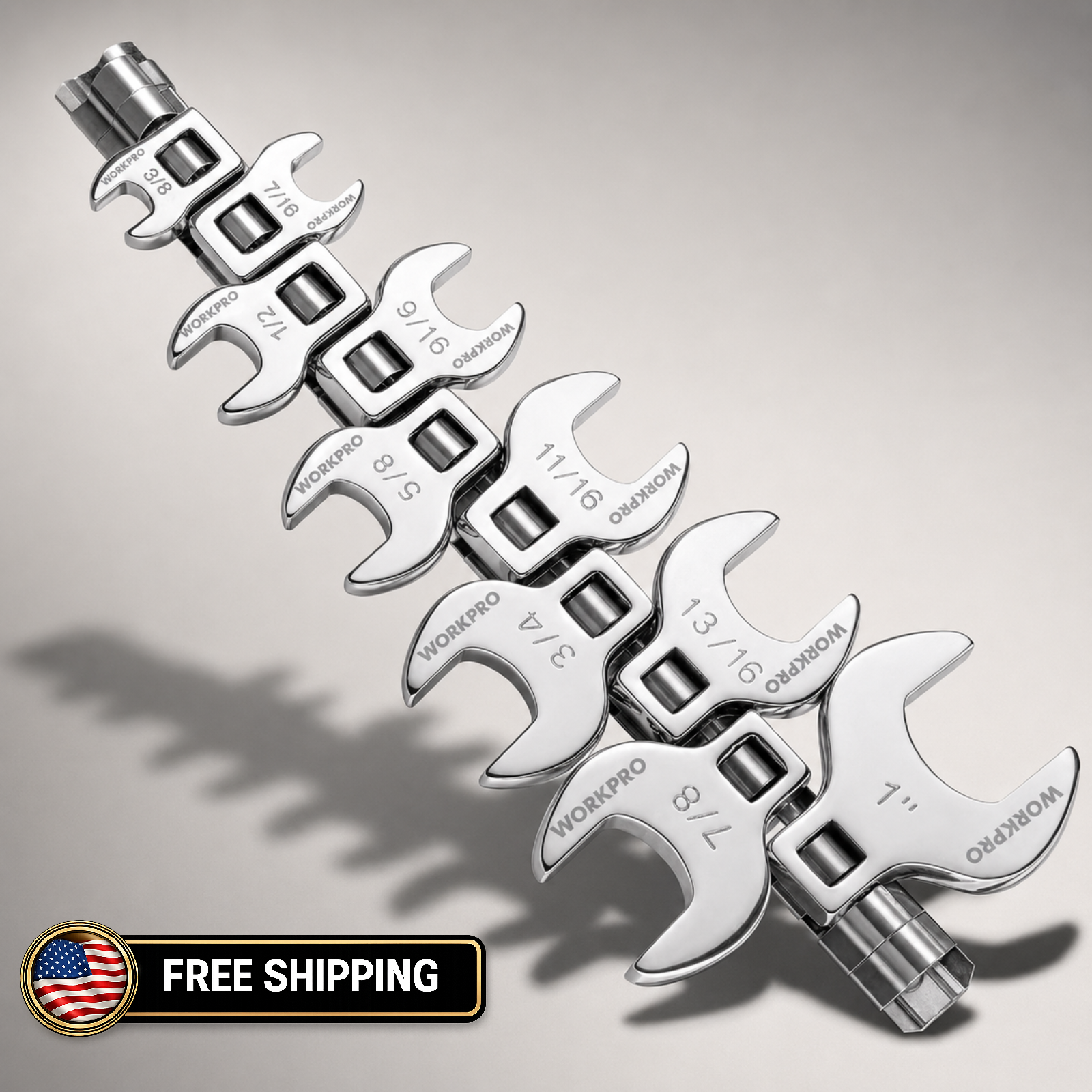 WORKPRO 10-Pc SAE 3/8" Drive Crowfoot Wrench Set 3/8"-1" w/ Clip Organizer