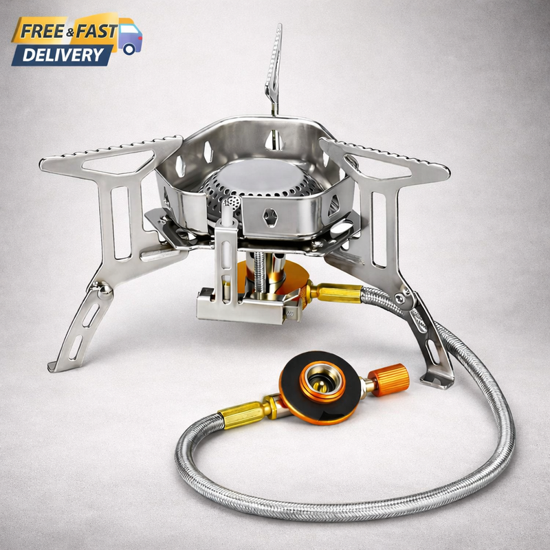 Portable Camping Stove Windproof Piezo Ignition Burner w Adapter Hiking