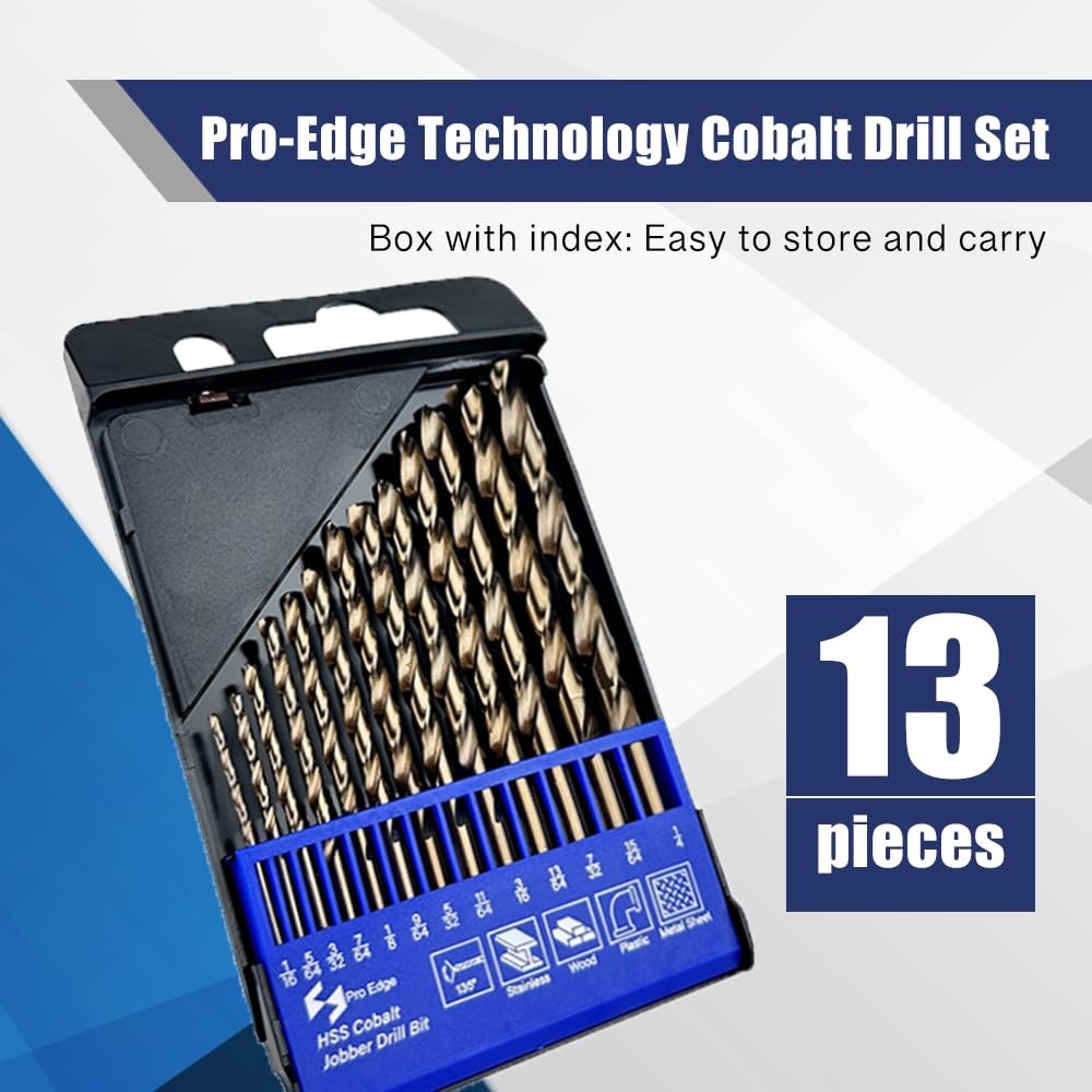 13pcs Cobalt Drill Bits Set, M35 High Speed Steel 135 Degree Tip Twist Jobber