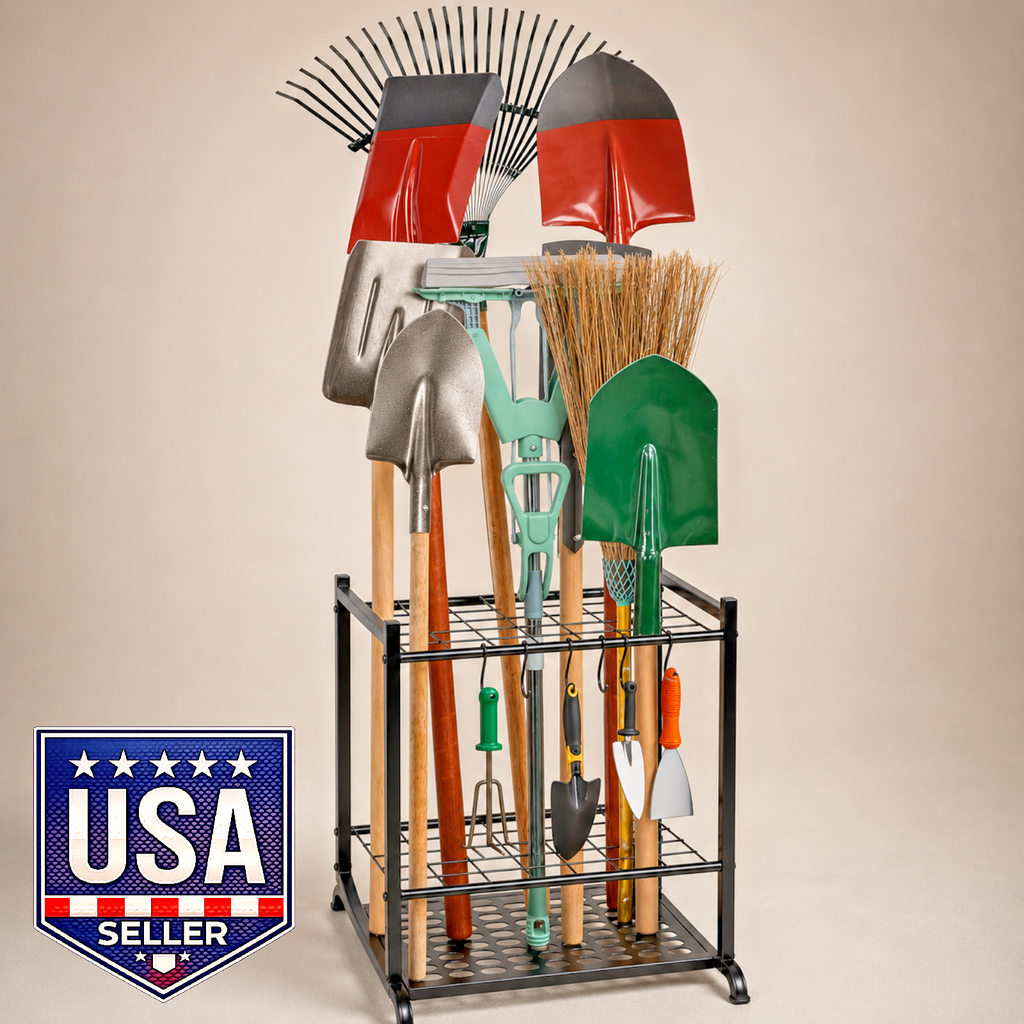 Garden Tool Storage Rack Holds 35 Yard Tools Metal Organizer w Hooks