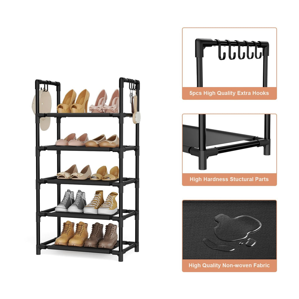 5 Tier Shoe Rack Organizer Narrow Entryway Shoe Shelf Storage with Hooks Black