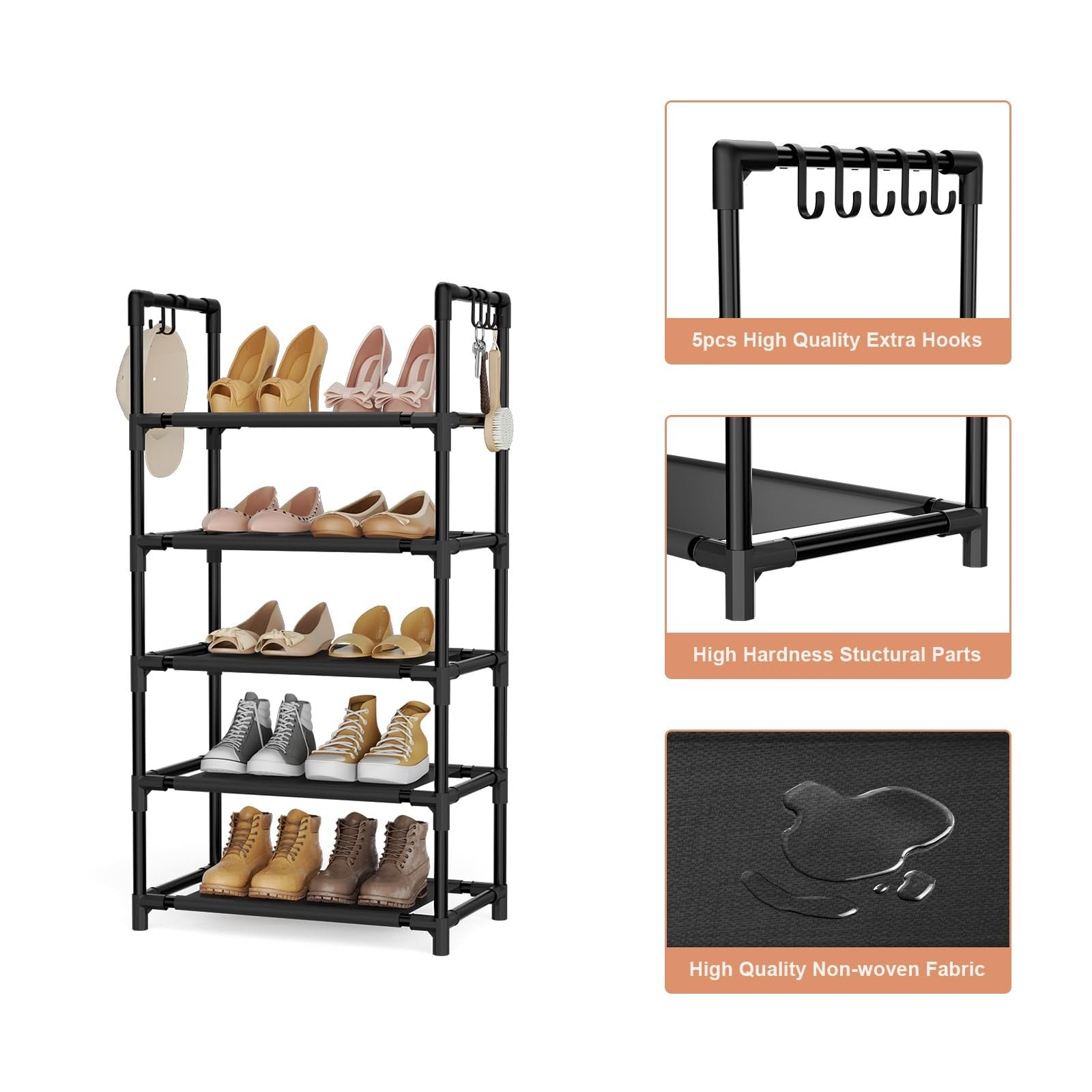 5 Tier Shoe Rack Organizer Narrow Entryway Shoe Shelf Storage with Hooks Black