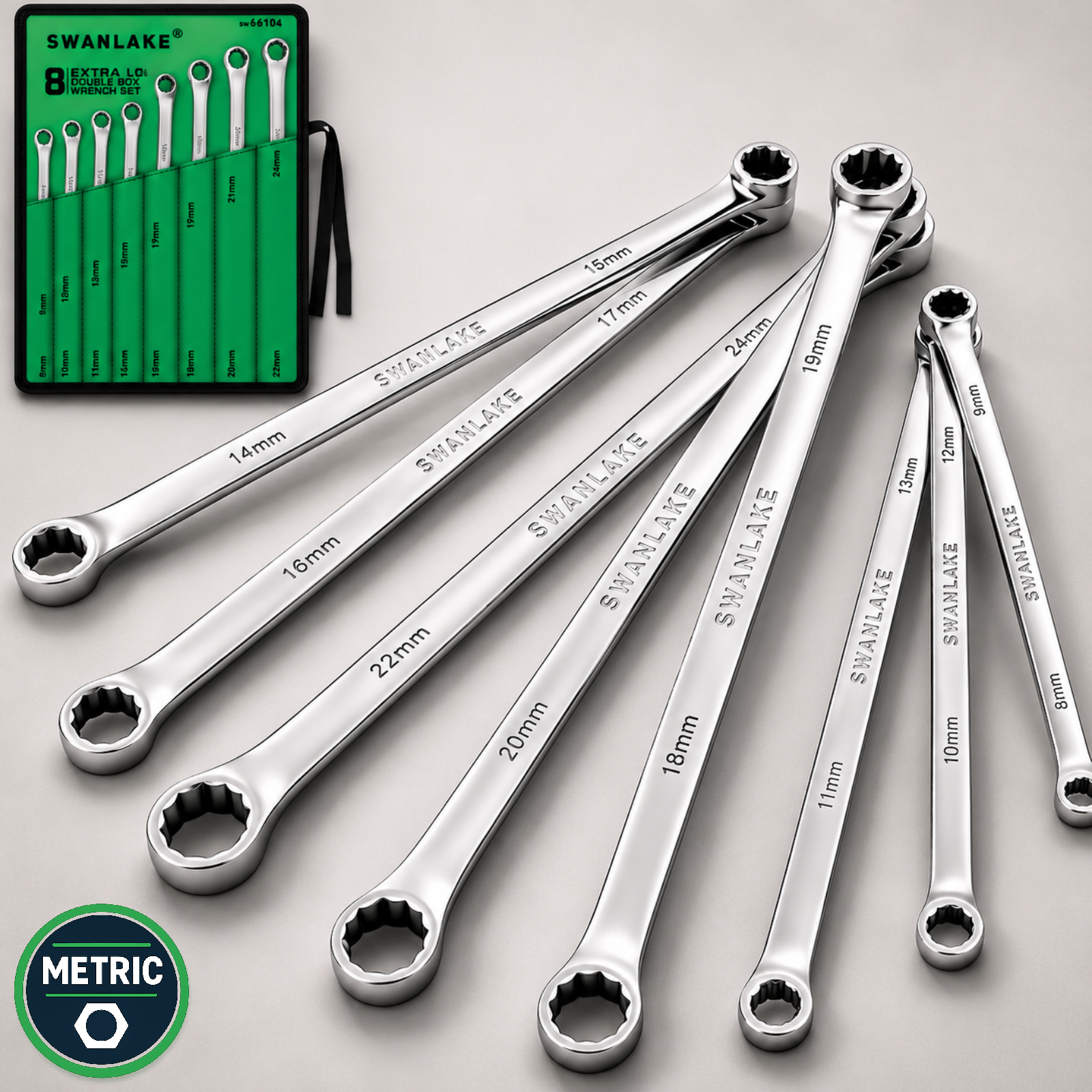 SWANLAKE 8-Pc Extra Long Double Box-End Wrench Set Metric 8-24mm CR-V Steel