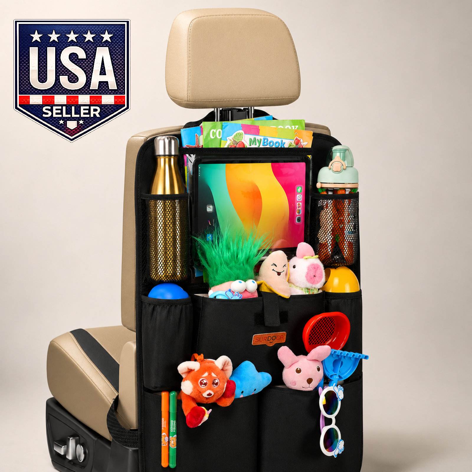 Car seat Organizer with 11-inch Tablet Holder 8 Pockets- Protector for Road Trip